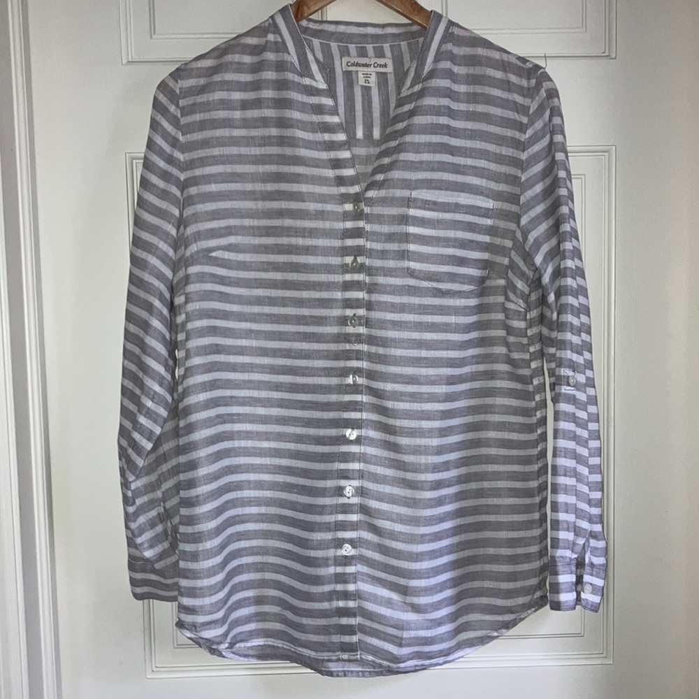 Linen striped blouse top Shacket Coldwater Creek